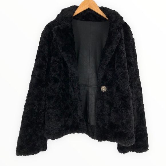 90’s/Y2K Vintage Teddy Faux Fur Black Long Sleeve Jacket Coat Rhinestone Button - Picture 4 of 11
